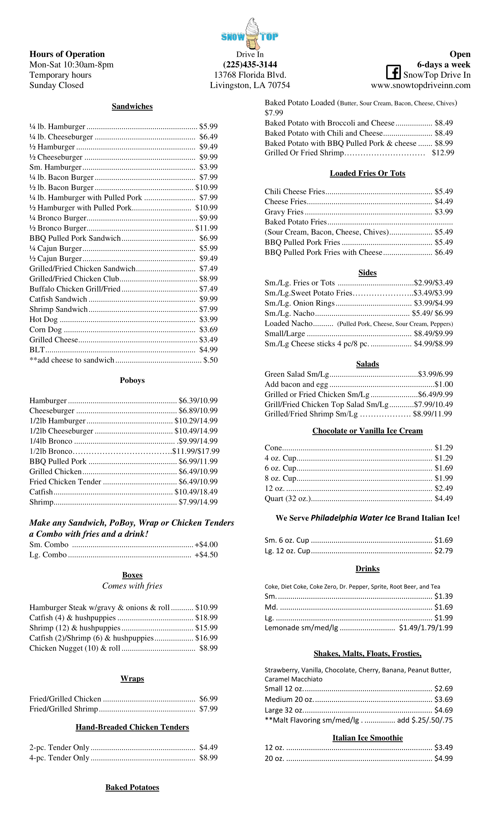 Snowtop Menu